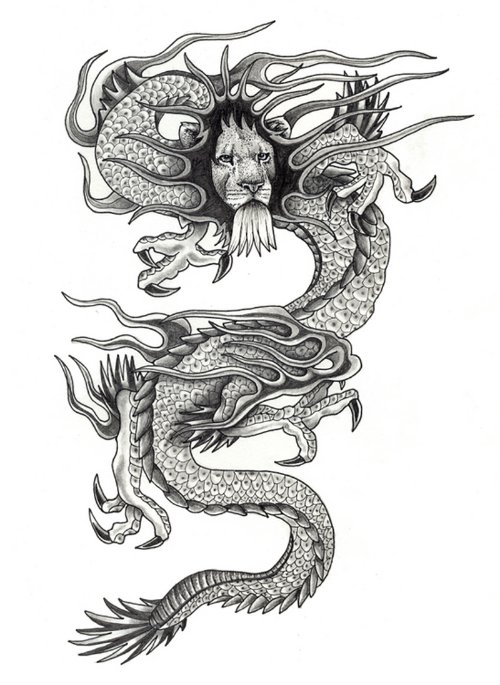 Amazing Grey Ink Lion Head Dragon Tattoo Design