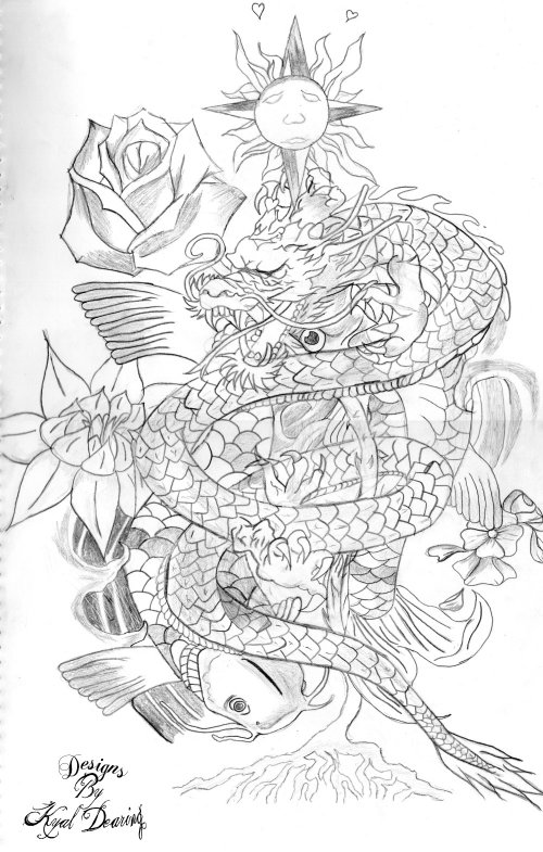 Lotus, Rose And Dragon Tattoo Design