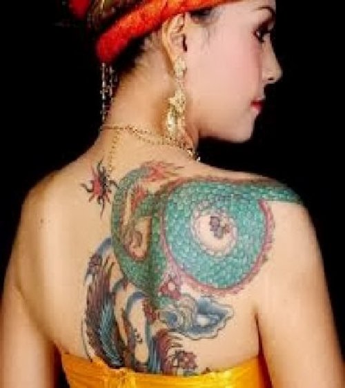Japanese Dragon Color Ink Tattoo On Girl Back