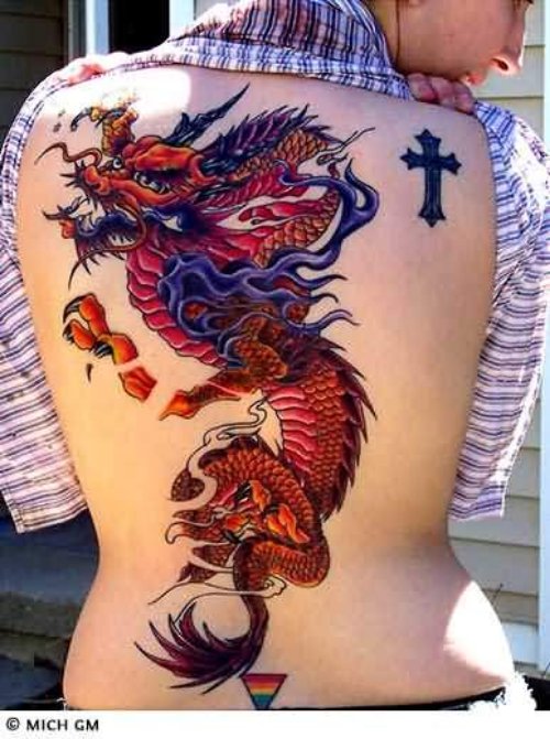 Red Big Dragon Tattoo On Back