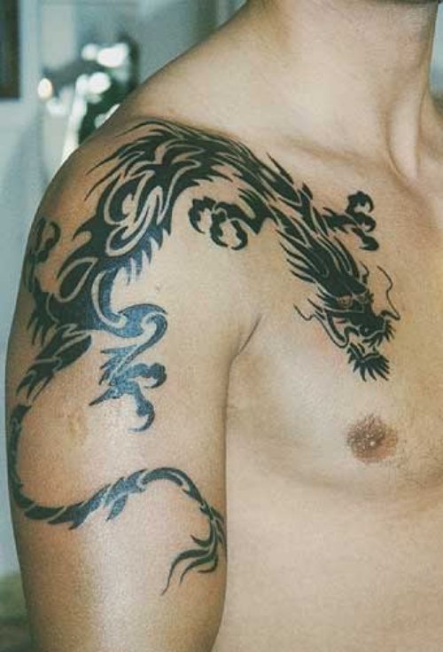 Black Tribal Dragon Tattoo On Shoulder and Chest