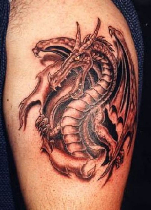 Attractive Grey Ink Dragon Tattoo On Left Half Sleeve