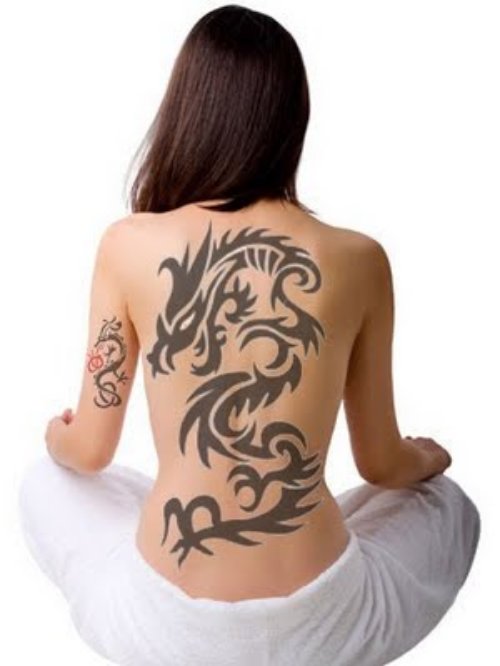 Black Tribal Dragon Tattoo On Girl Back Body