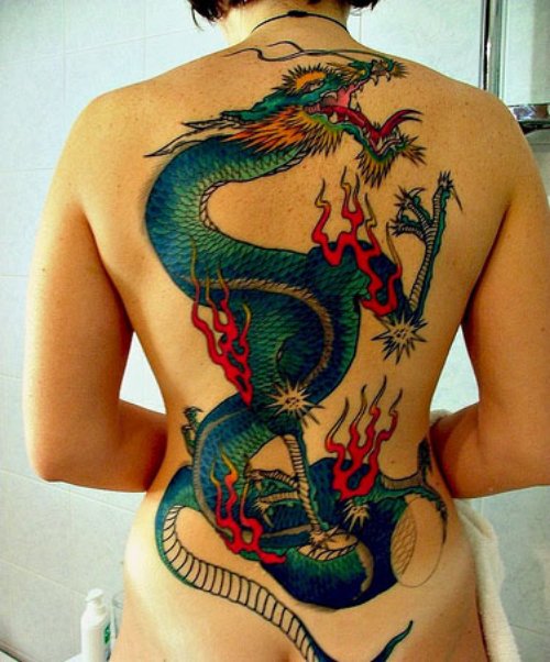 Colored Ink Dragon Tattoo On Girl Back Body