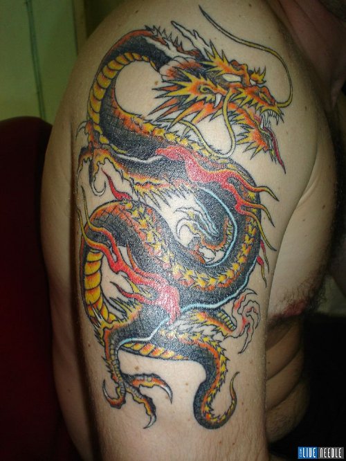 Colored Dragon Tattoo On Right Half Sleeve For Guys