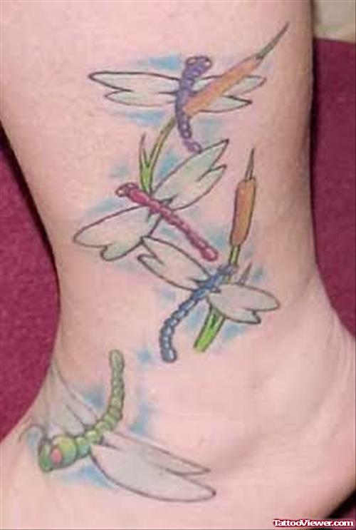 Dragonfly Colorful Tattoo On Ankle