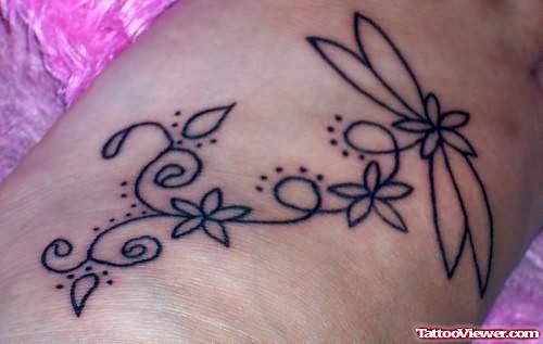 Cute Dragonfly And Flowers Tattoo