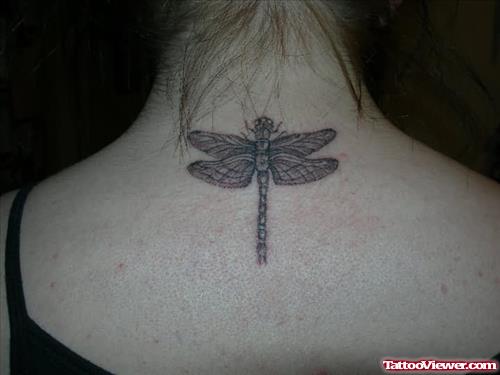 Grey Dragonfly Tattoo On Back