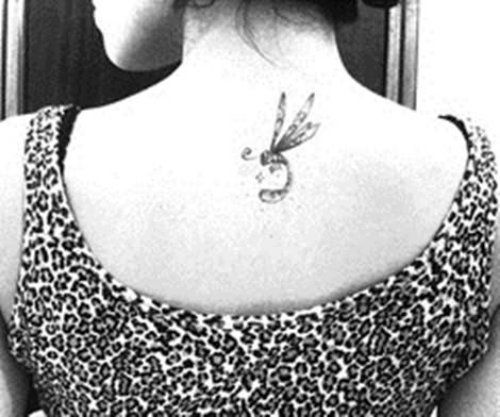 Black And White Dragonfly Tattoo On Back