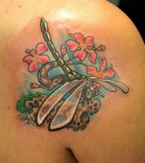 Flowers And Dragonfly Tattoo On Shoulder