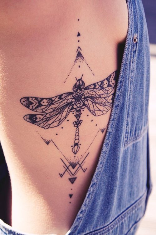 Geometric Dragonfly Tattoo On Rib Side