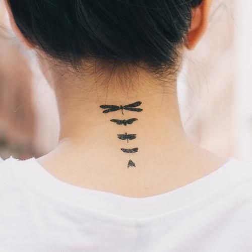 Small Cute Black Dragonfly Tattoos On Nape