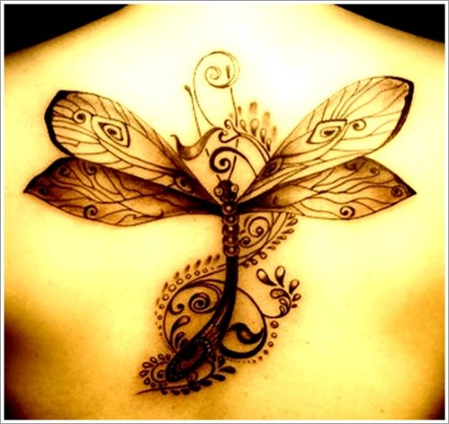 Upper Back Grey Dragonfly Tattoo