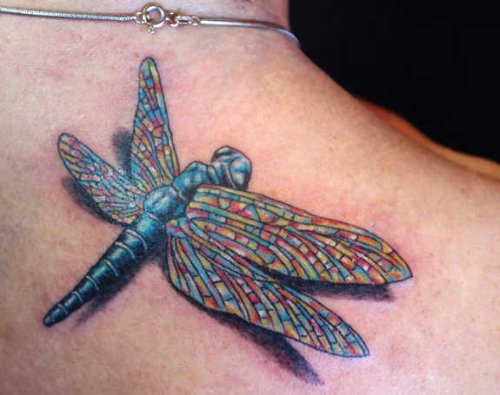 Colorful dainty Dragonfly Tattoo Back Shoulder