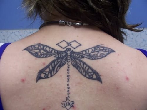 Black Tribal Dragonfly Tattoo On Back For Girls