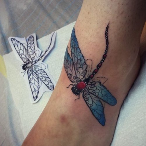 Green Dragonfly Tattoo On Foot