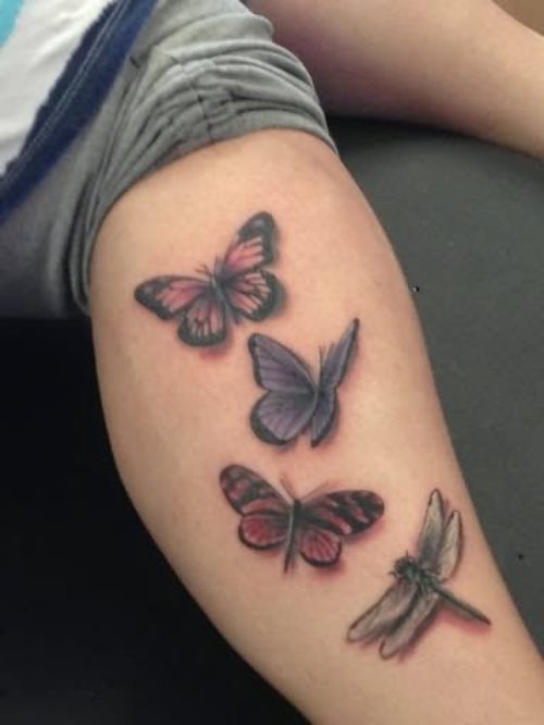 Dragonfly With Butterflies Tattoo On Leg