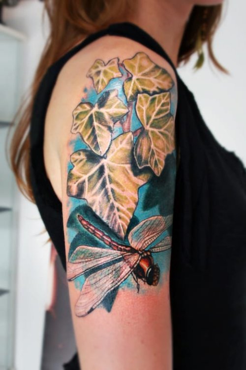 Dragonfly On Leaves Tattoo On Half Sleeve