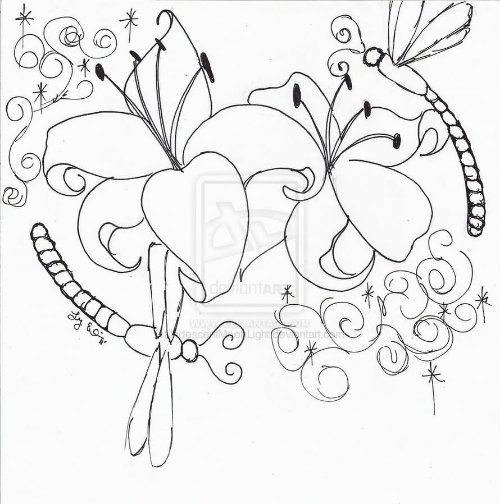 Outline Lily Dragonfly Tattoo Design