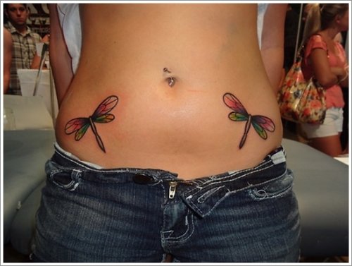 Colorful Two Dragonflies Tattoo On Waist