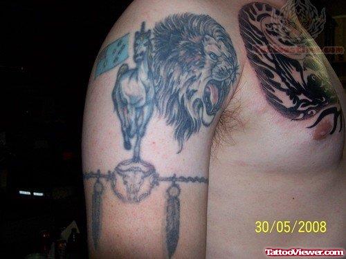 Dream Catcher And Lion Head Tattoo