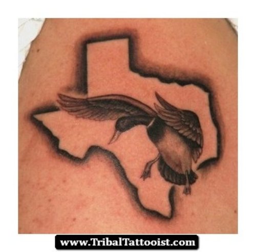 Texas Map And Flying Duck Grey Ink Tattoo