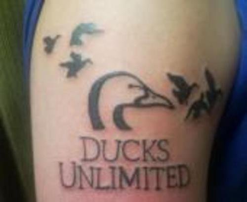 Ducks Unlimited – Flying Ducks Grey Ink Tattoo On Bicep