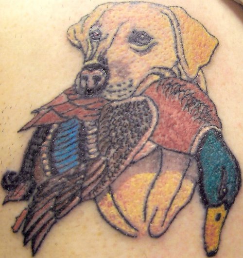 Dog Hunt Duck Color Ink Tattoo
