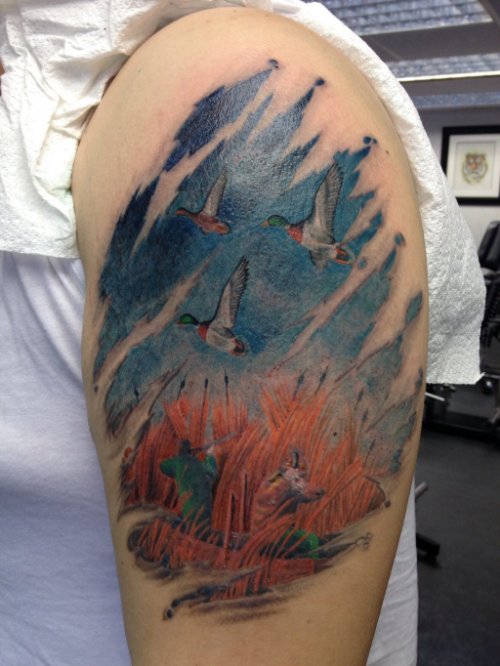 Color Ink Flying Ducks And Wild Animals Hunting Tattoo On Left Half Sleeve