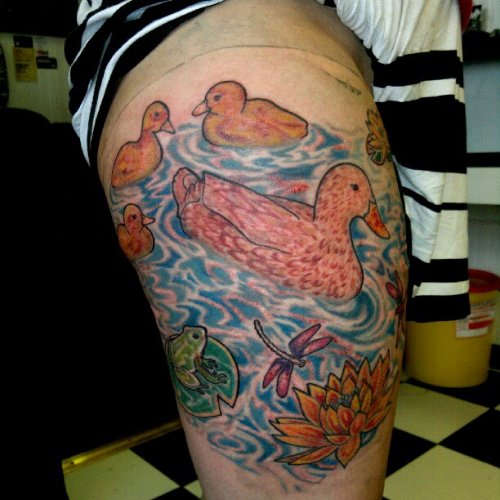 Ducks in Pond And Lotus Flower Color Ink Tattoo