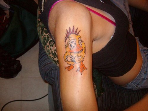 Punk Duck Tattoo On Girl Right Bicep