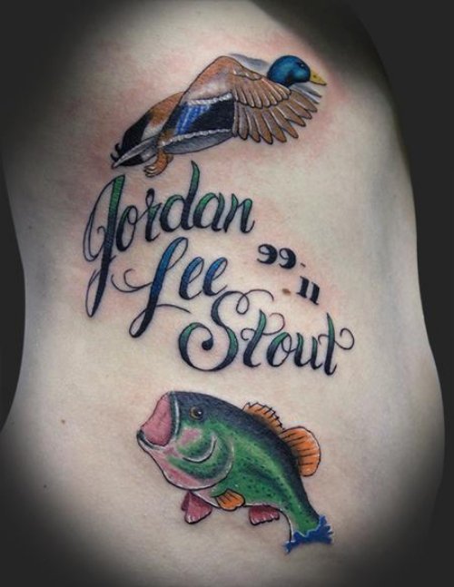 Jordan Lee Stout – Duck And Fish Tattoo On Side rib