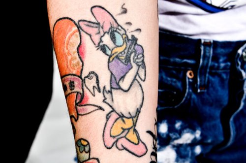 Duck With Gun color Ink Tattoo On Right Arm