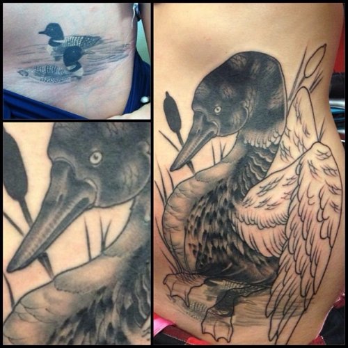 Grey Ink Side Rib Open Wings Duck Tattoo