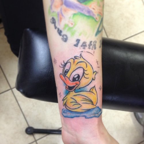 Memorial Small Duck Tattoo On Left Arm