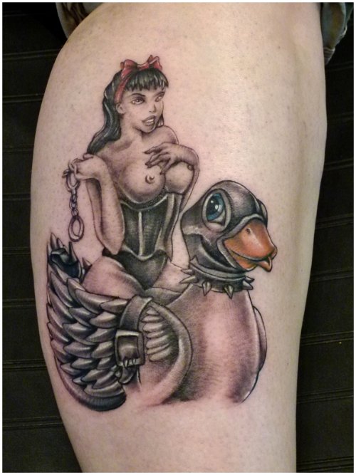 Pinup Girl and Grey Ink Duck Tattoo