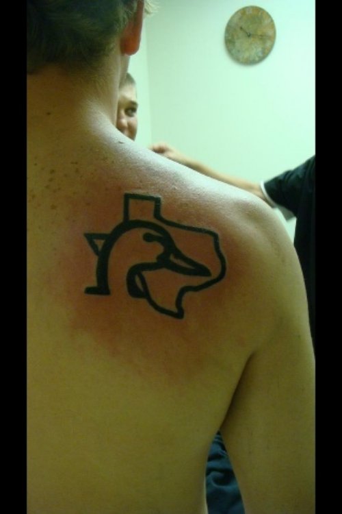 Texas Map And Duck Head Tattoo On Right Back Shoulder