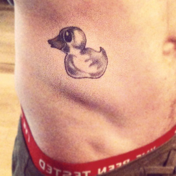Grey Ink Side Rib Duck Tattoo For Men
