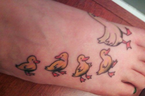 Duck And Duckling Tattoos On Right Foot