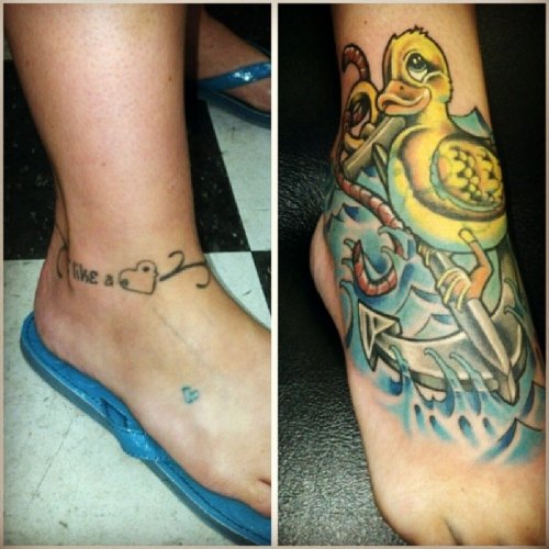 Anchor And Duck Tattoo On Right Foot