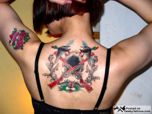 Red guns And Duck Tattoo On Back