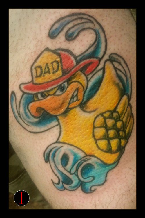 Colored Duck With Dad Hat Tattoo