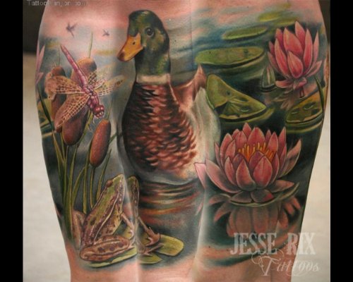 Lotus Flower, Duck And Frog Color Ink Tattoo