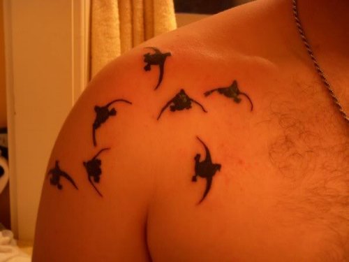 Black Ink Flying ducks Tattoos On Shoulder
