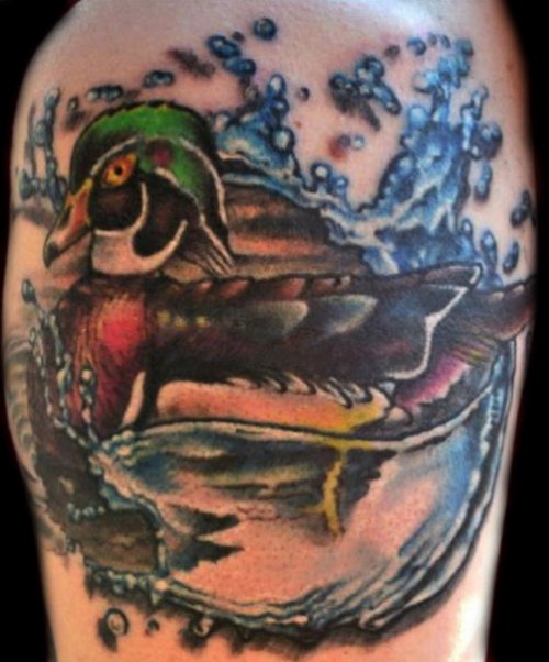 Colored Duck And Water Tattoo