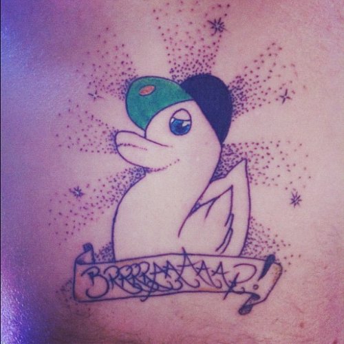 Duck With Cap And Banner Tattoo Design