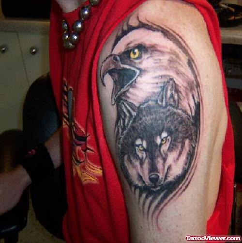 Wolf Head And Eagle Tattoo On Left Shoulder
