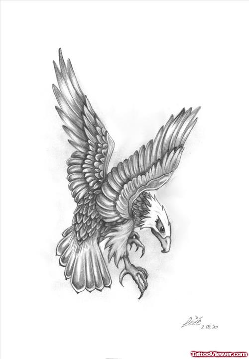 Grey Ink Flying Eagle Tattoo Design