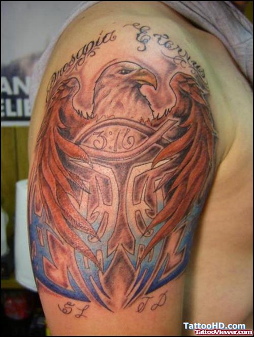 Colored Tribal Eagle Tattoo On Right Half Sleeve