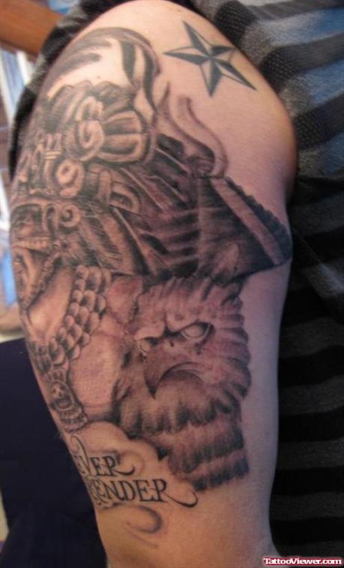 Awful Grey Ink Aztec Eagle Tattoo On Half Sleeve